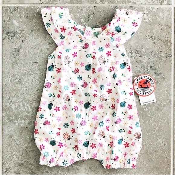 Free Planet White Floral Romper Cotton Pleated Baby Girl NWT - Picture 8 of 8